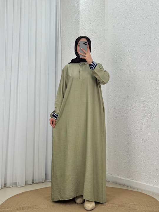 Fidan Garnili Gizli Düğmeli Çilek Elbise-PE735 Haki