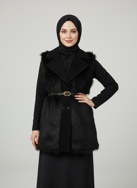 Finetta Metal Düğmeli Kürklü Yelek-EN2209 Siyah