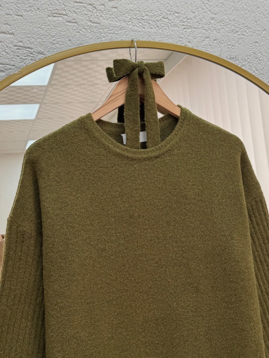 Fionelle Kolu Fitilli Kemerli Triko Elbise-KR5057 Haki
