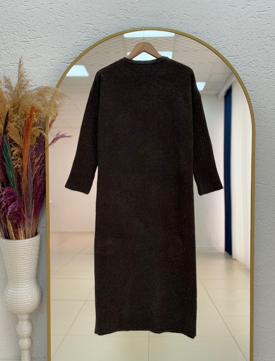 Fionelle Kolu Fitilli Kemerli Triko Elbise-KR5057 Kahve