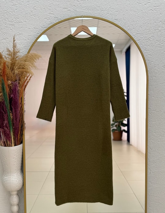 Fionelle Kolu Fitilli Kemerli Triko Elbise-KR5057 Haki