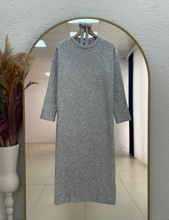 Fionelle Kolu Fitilli Kemerli Triko Elbise-KR5057 Gri