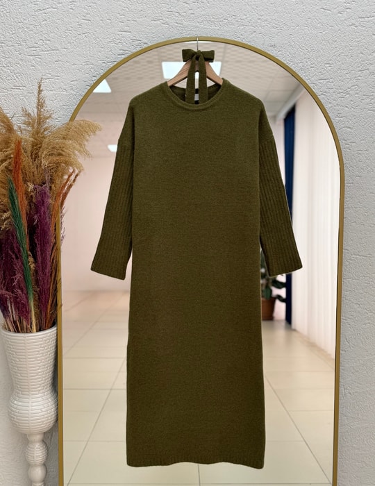 Fionelle Kolu Fitilli Kemerli Triko Elbise-KR5057 Haki
