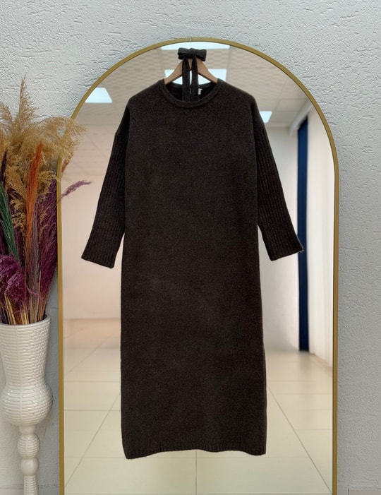 Fionelle Kolu Fitilli Kemerli Triko Elbise-KR5057 Kahve