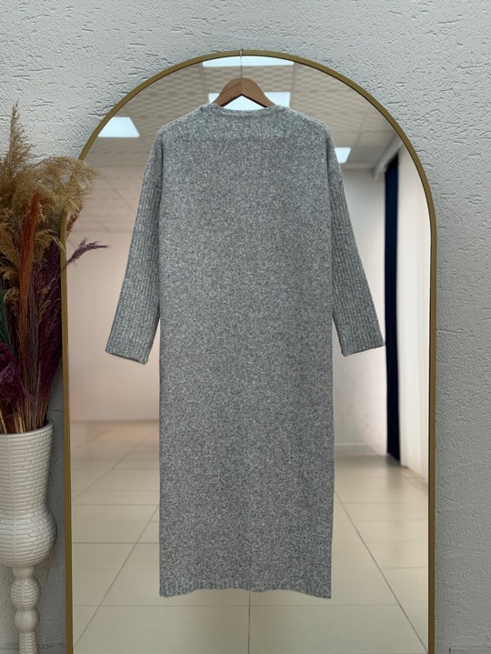 Fionelle Kolu Fitilli Kemerli Triko Elbise-KR5057 Gri
