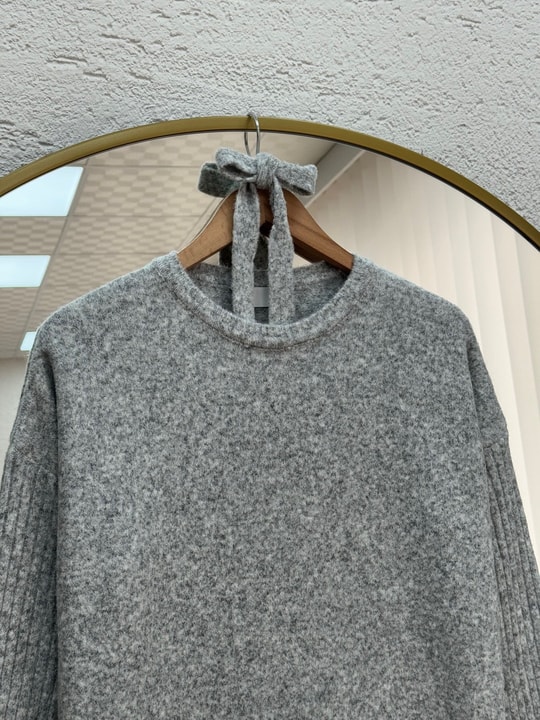 Fionelle Kolu Fitilli Kemerli Triko Elbise-KR5057 Gri