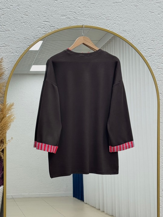 Fitnat Kırmızı Garnili Tunik-NA931 Kahve