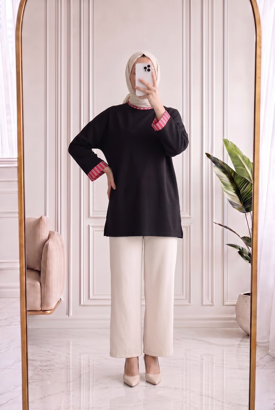Fitnat Kırmızı Garnili Tunik-NA931 Siyah