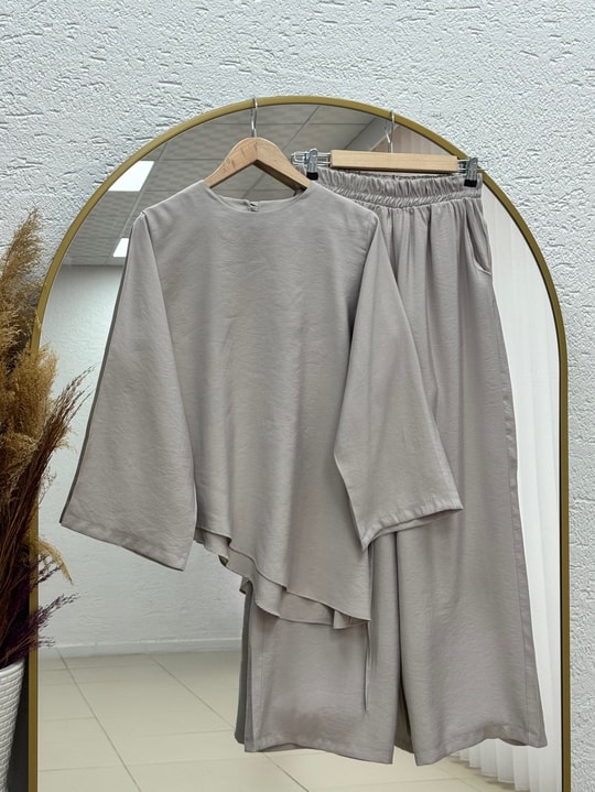 Gülbanu Altı Asimetrik Geniş Kol Pantolonlu Takım-BN4740 Taş