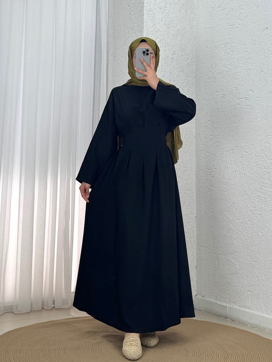 Güldan Yandan Sıkmalı Pileli Elbise-EN814 Siyah