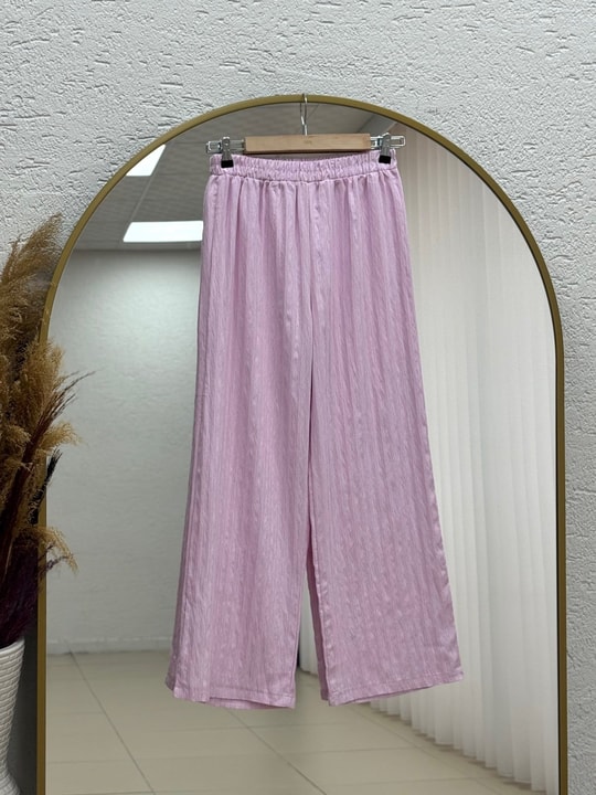 Gülnur Kendinden Çizgili Düğmeli Pantolonlu Takım-EK882 Pembe