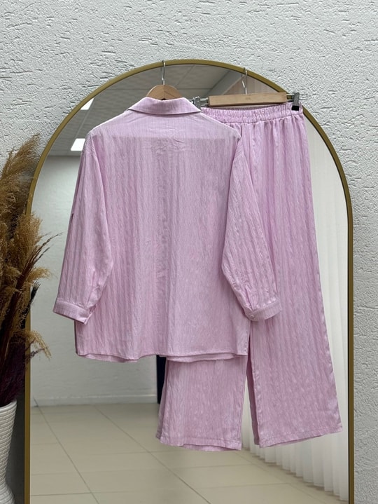 Gülnur Kendinden Çizgili Düğmeli Pantolonlu Takım-EK882 Pembe