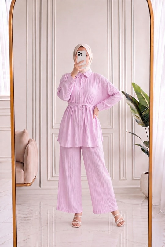 Gülnur Kendinden Çizgili Düğmeli Pantolonlu Takım-EK882 Pembe