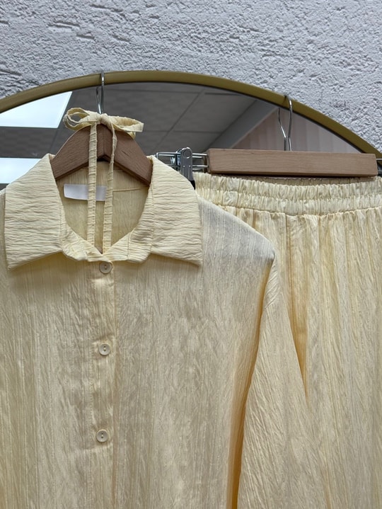 Gülnur Kendinden Çizgili Düğmeli Pantolonlu Takım-EK882 Sarı