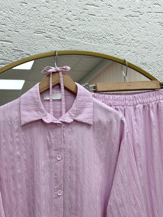 Gülnur Kendinden Çizgili Düğmeli Pantolonlu Takım-EK882 Pembe