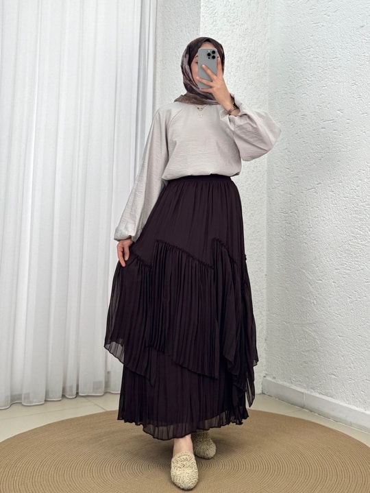 Günsel Parçalı Fırfırlı Şifon Etek-AA4513 Kahve