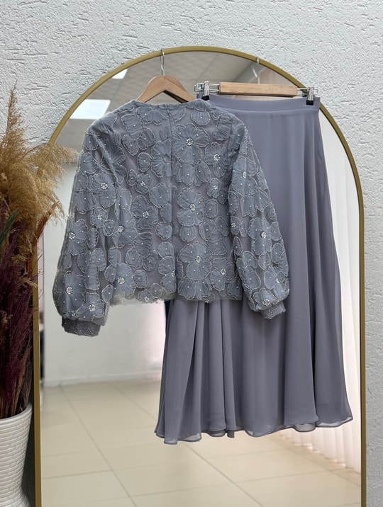 Hacer Taşlı Güllü Etekli Tül Takım-GE799 Gri