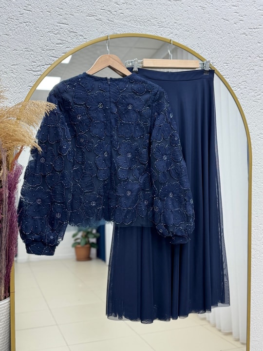 Hacer Taşlı Güllü Etekli Tül Takım-GE799 Lacivert