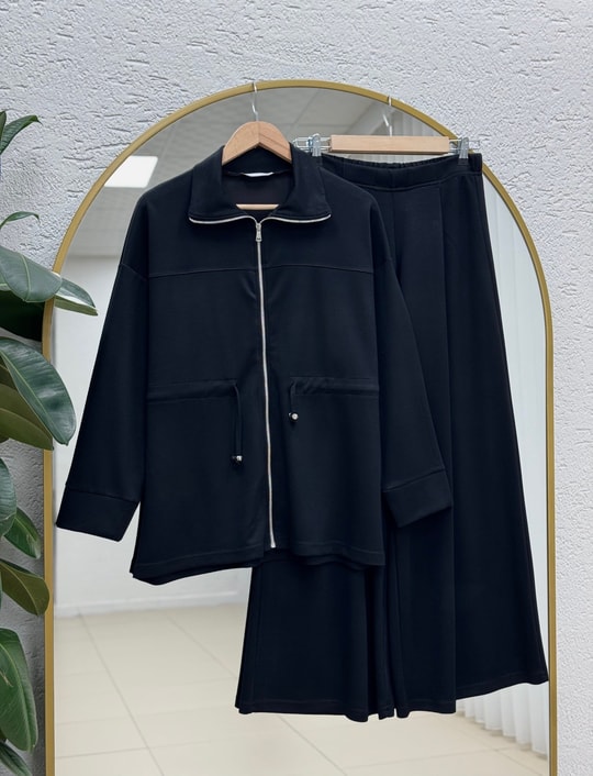 Hazal Beli Tünelli Fermuarlı Pantolonlu Takım-TN032 Siyah