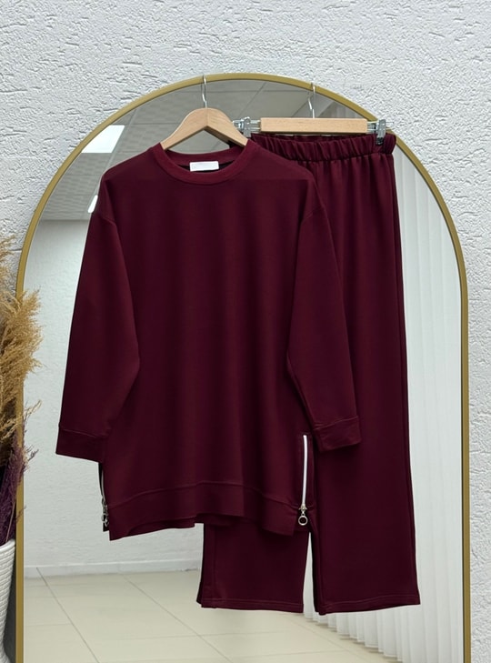 Hümacan Yanları Fermuarlı Pantolonlu Takım-ZN899 Bordo