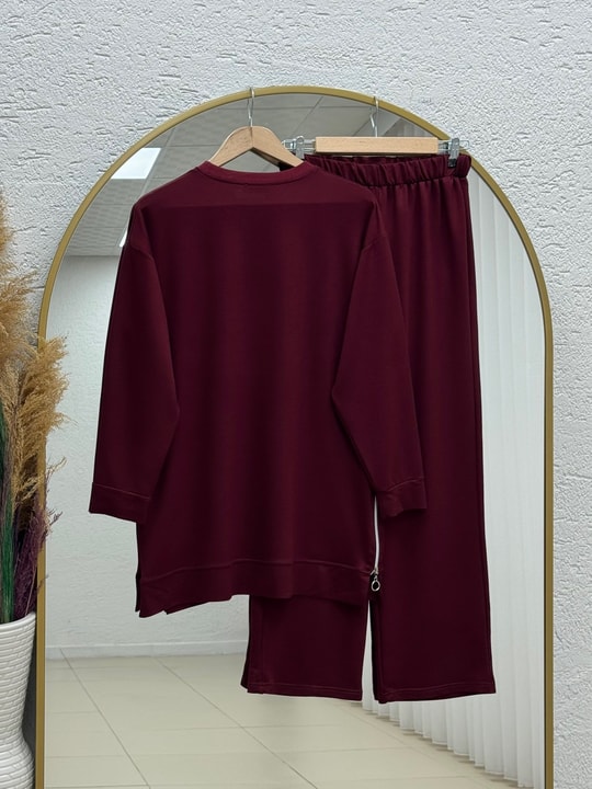 Hümacan Yanları Fermuarlı Pantolonlu Takım-ZN899 Bordo