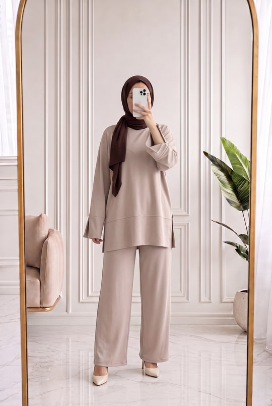 Hümagül Kolu Yırtmaçlı Altı Biyeli Takım-ZN28736 Taş