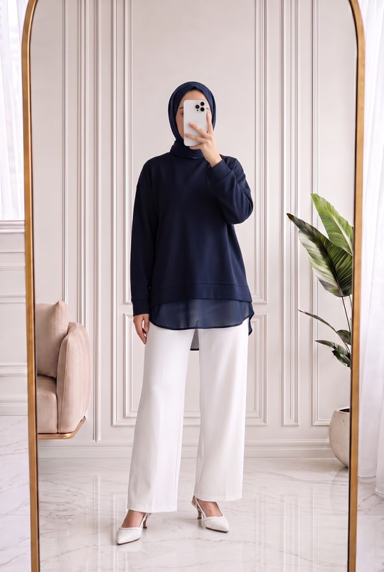 Hümanaz Altı Şifonlu Tunik-ZN3226 Lacivert