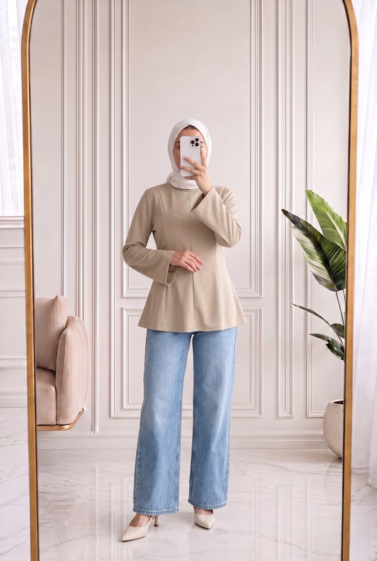 Hümayşah Arkası Bağlamalı Önü Dikişli Tunik-SS13261 Bej