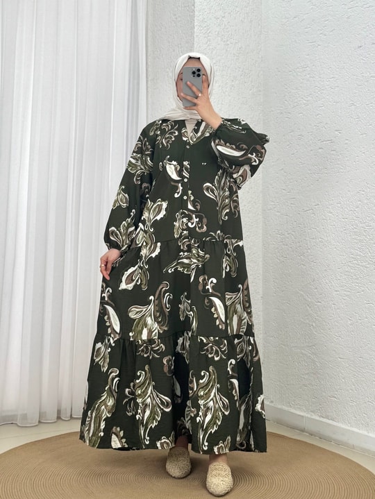 Huzur Desenli V Yaka Patlı Elbise-PE634.12 Haki