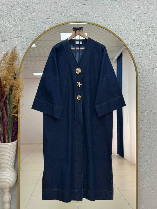 İlay Gold Düğmeli Kot Uzun Kimono-GS2485 Kot Rengi