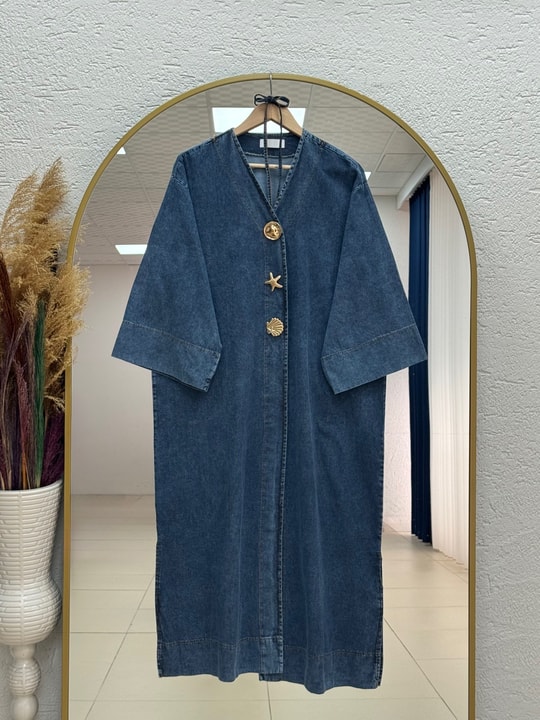 İlay Gold Düğmeli Kot Uzun Kimono-GS2485 Mavi