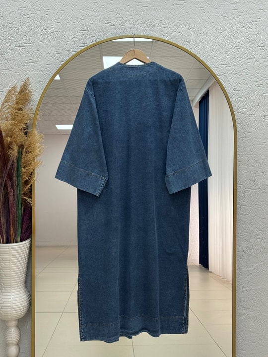 İlay Gold Düğmeli Kot Uzun Kimono-GS2485 Mavi