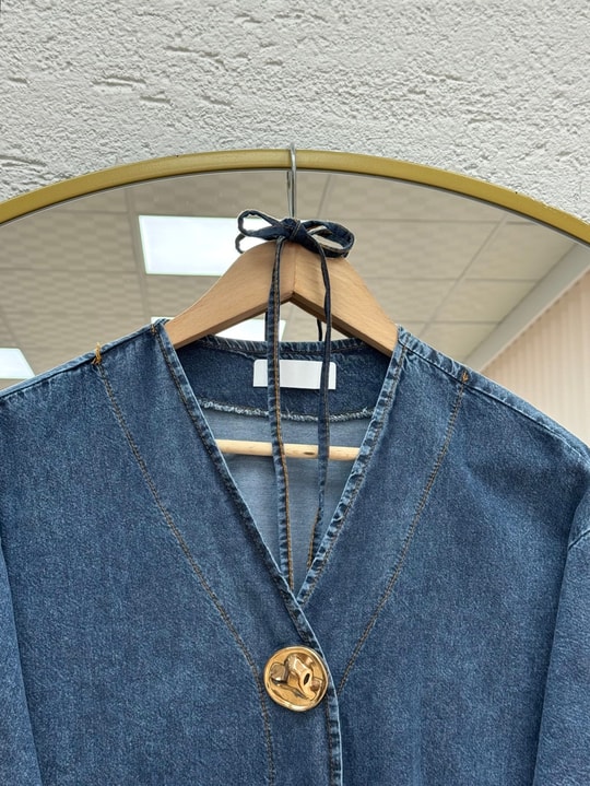İlay Gold Düğmeli Kot Uzun Kimono-GS2485 Mavi