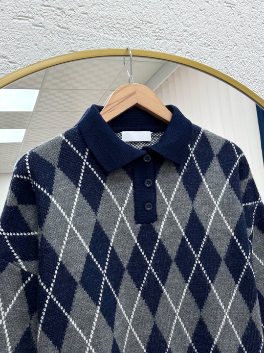 İlknur Polo Yaka Baklava Desen Kazak KR5072-Zİ5593 Lacivert