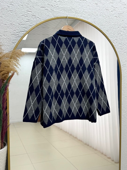 İlknur Polo Yaka Baklava Desen Kazak KR5072-Zİ5593 Lacivert