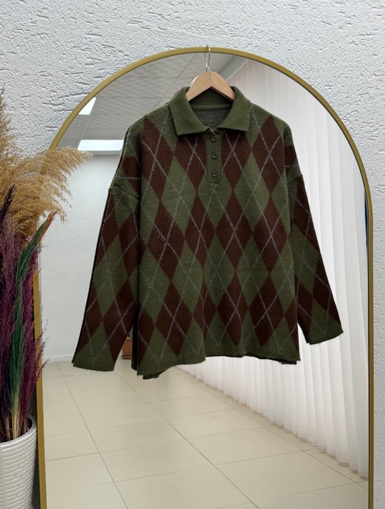 İlknur Polo Yaka Baklava Desen Kazak KR5072-Zİ5593 Haki