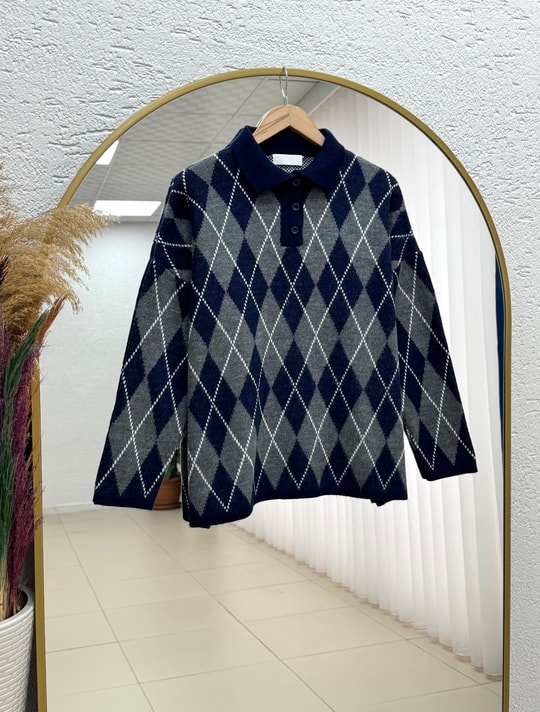 İlknur Polo Yaka Baklava Desen Kazak KR5072-Zİ5593 Lacivert