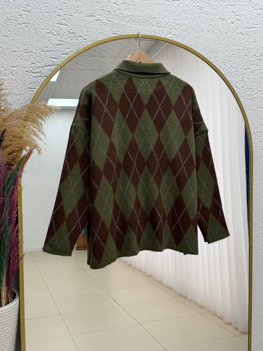 İlknur Polo Yaka Baklava Desen Kazak KR5072-Zİ5593 Haki