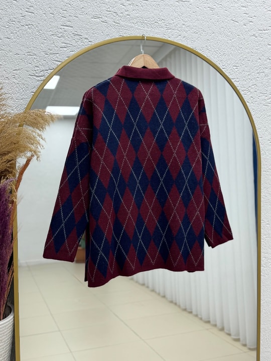 İlknur Polo Yaka Baklava Desen Kazak-Zİ5593 Bordo