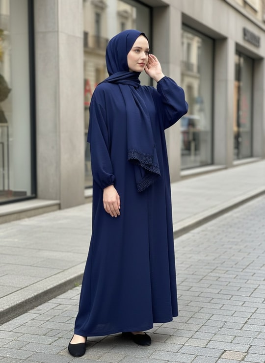 Kadın Tesettür Namaz Elbisesi Şallı Ferace-Elbise Alinay-RA61420 Lacivert