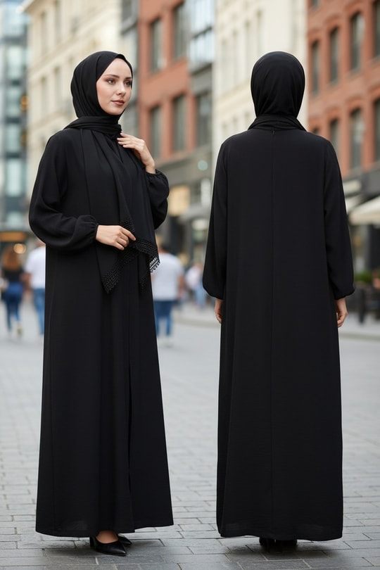 Kadın Tesettür Namaz Elbisesi Şallı Ferace-Elbise Alinay-RA61420 Siyah
