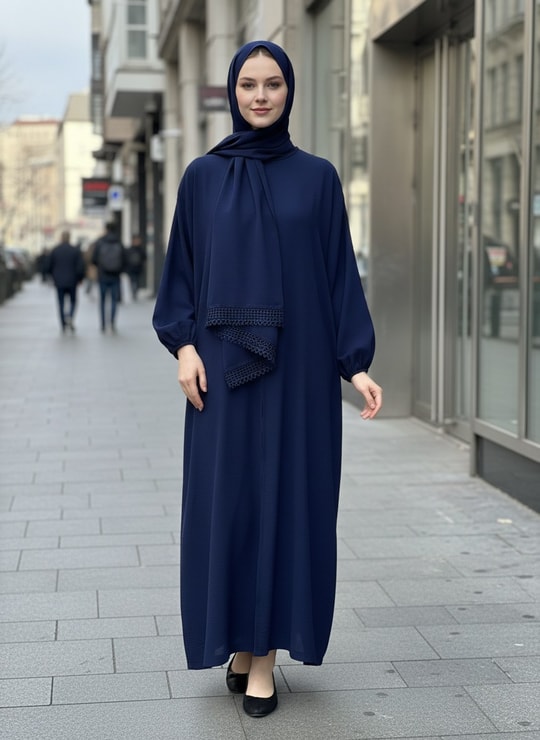 Kadın Tesettür Namaz Elbisesi Şallı Ferace-Elbise Alinay-RA61420 Lacivert