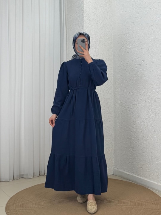 Kristal Düğmeli Katkatlı Müslin Elbise-ML2143 Lacivert