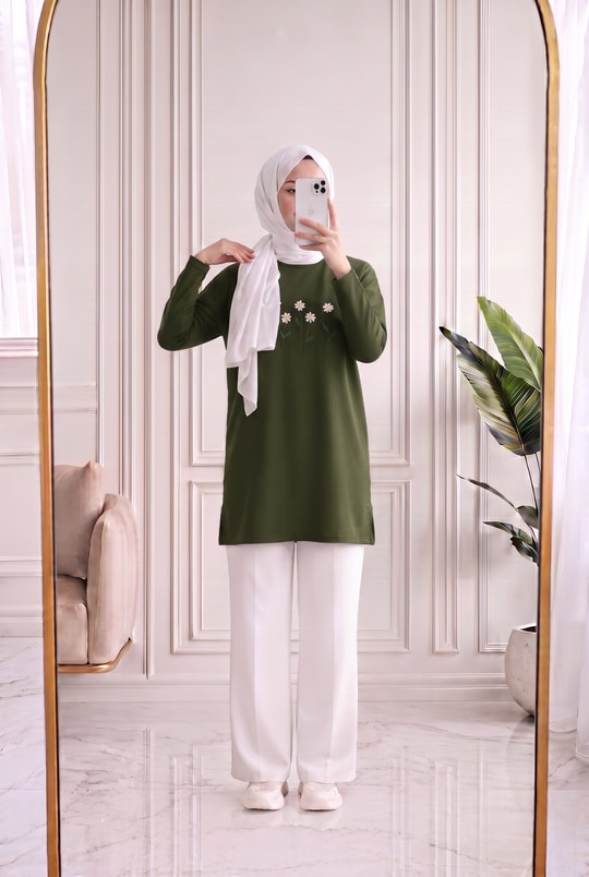 Laleay Zarif 5 Papatya Nakışlı Bluz-SS13148 Haki