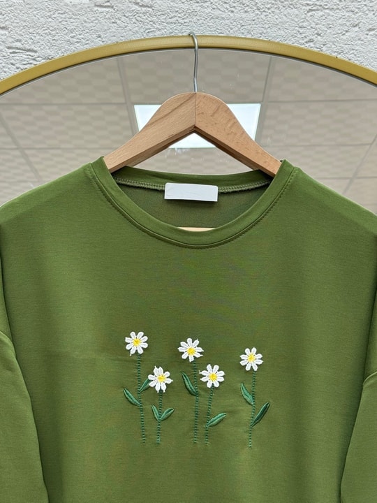 Laleay Zarif 5 Papatya Nakışlı Bluz-SS13148 Haki