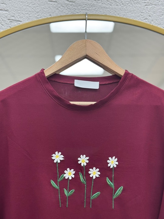 Laleay Zarif 5 Papatya Nakışlı Bluz-SS13148 Bordo