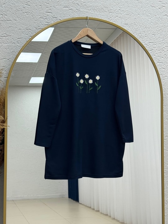 Laleay Zarif 5 Papatya Nakışlı Bluz-SS13148 Lacivert