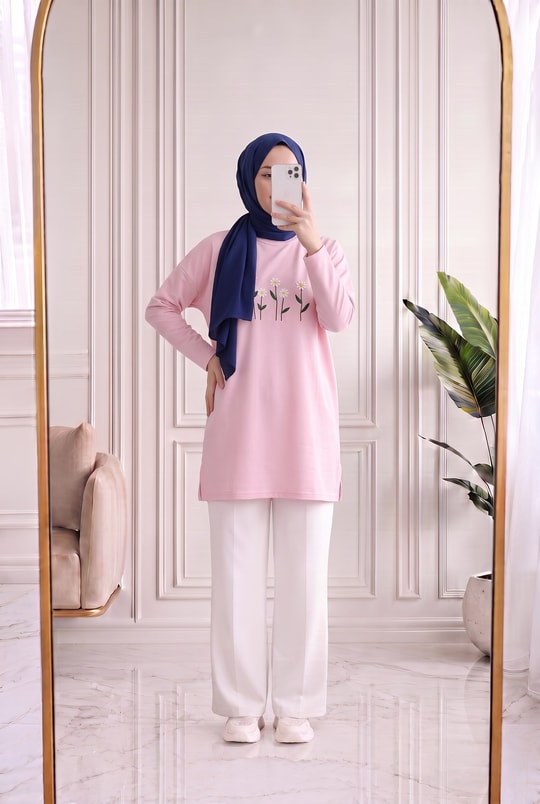 Laleay Zarif 5 Papatya Nakışlı Bluz-SS13148 Pembe
