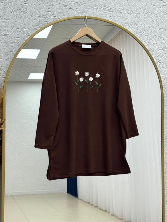 Laleay Zarif 5 Papatya Nakışlı Bluz-SS13148 Kahve