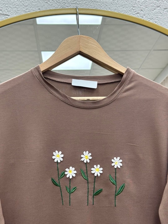 Laleay Zarif 5 Papatya Nakışlı Bluz-SS13148 Vizon